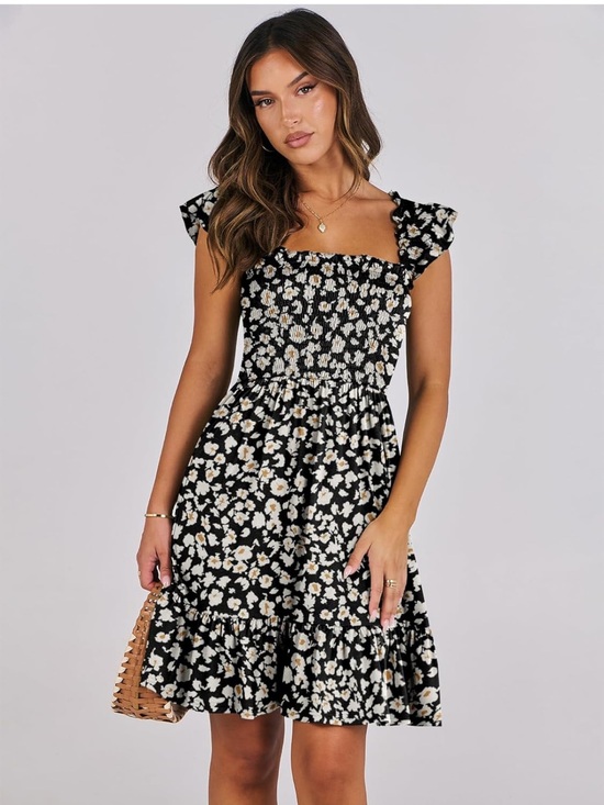 Dresses & Skirts - Floral Smocked Black Sundress